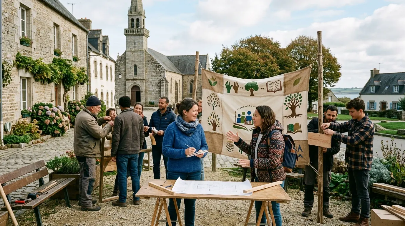Parents, educators, and volunteers planning inclusive community initiatives in Brittany