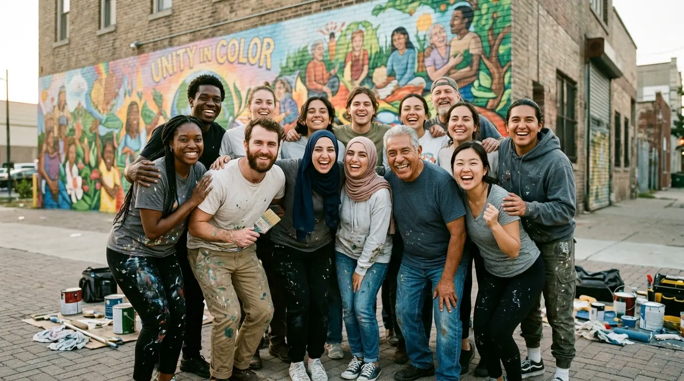 Diverse group of community volunteers celebrating successful annual school project completion